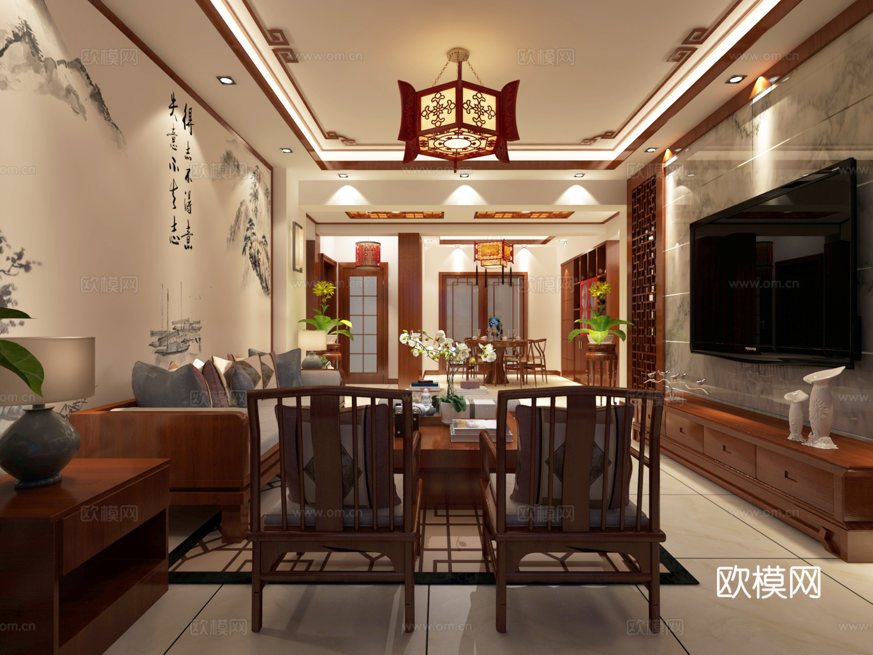 禅意中式客餐厅 沙发茶几 餐桌椅 挂画 物件摆件  吊灯3d模型