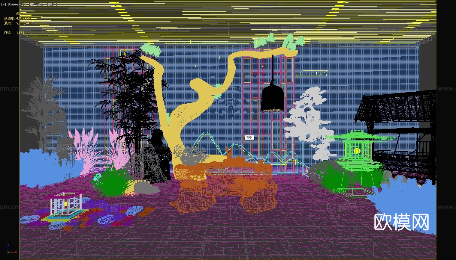 中式庭院茶台凳子松树景观墙饰枯树吊灯植物3d模型