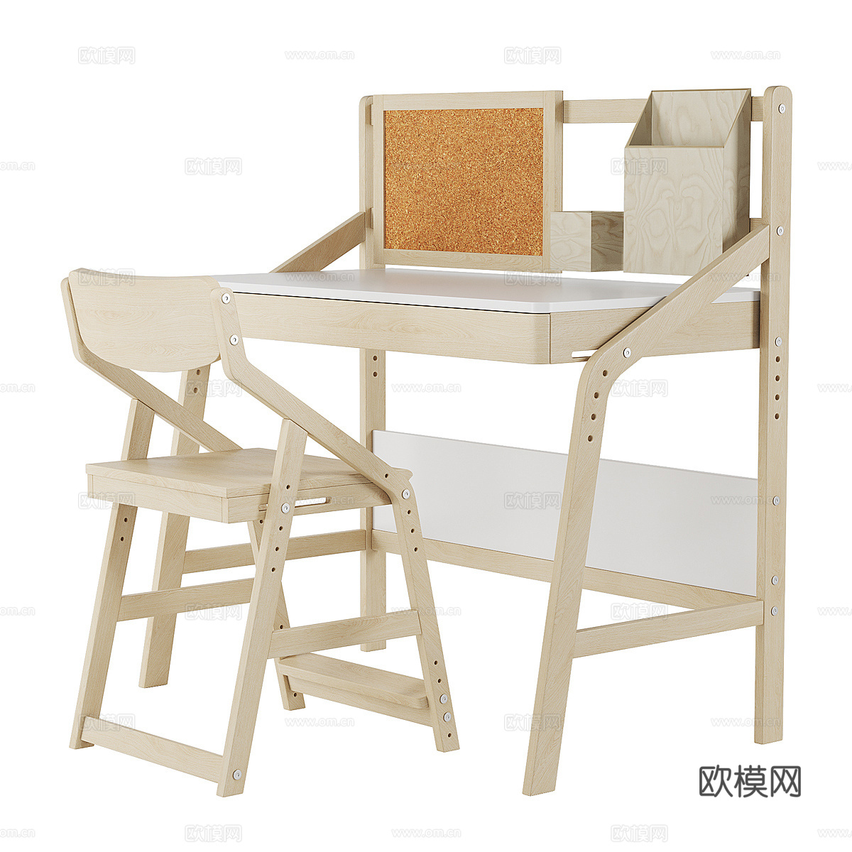 现代北欧原木风儿童书桌椅3d模型
