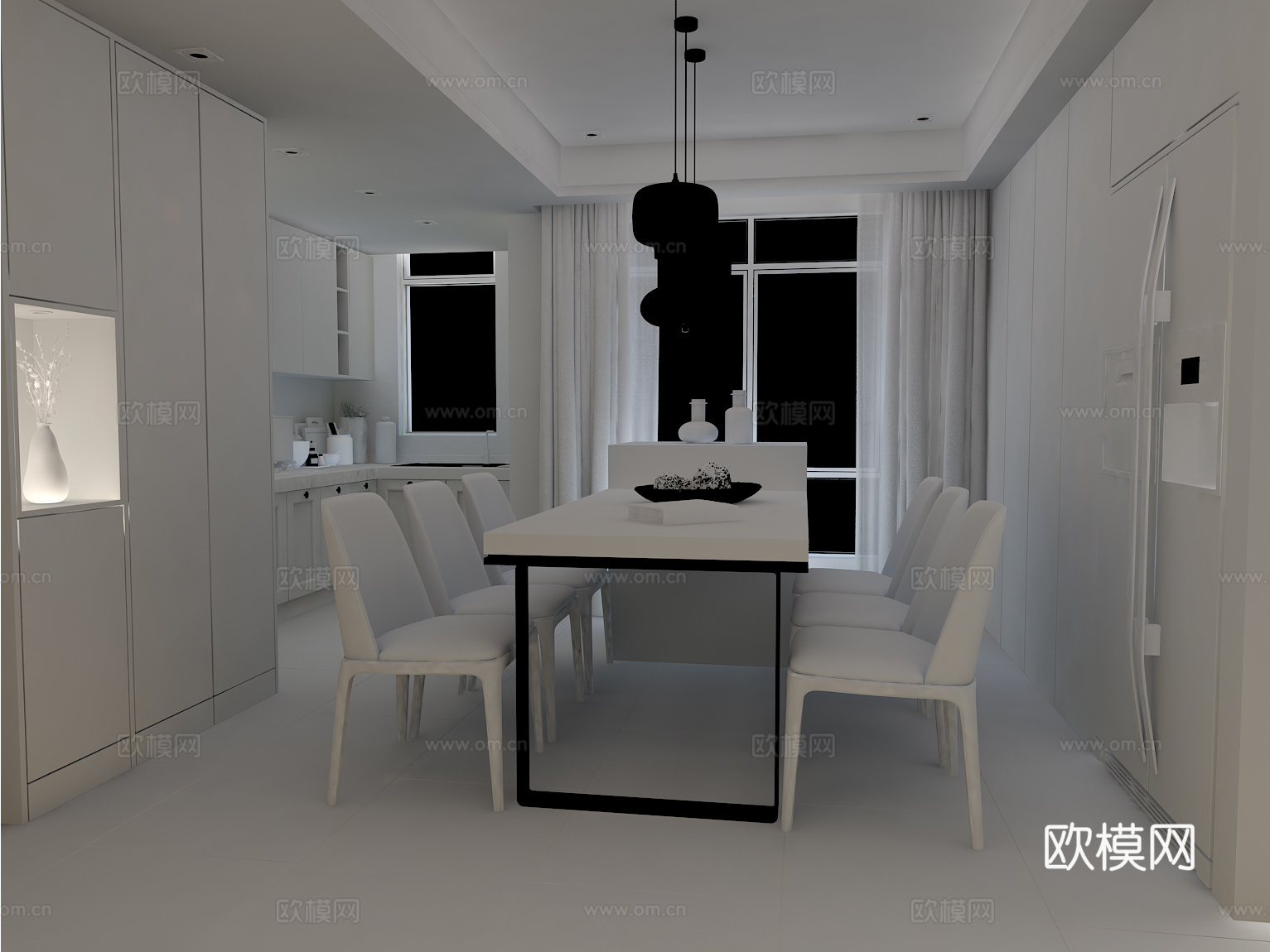 现代餐厅 餐桌椅 吊灯3d模型
