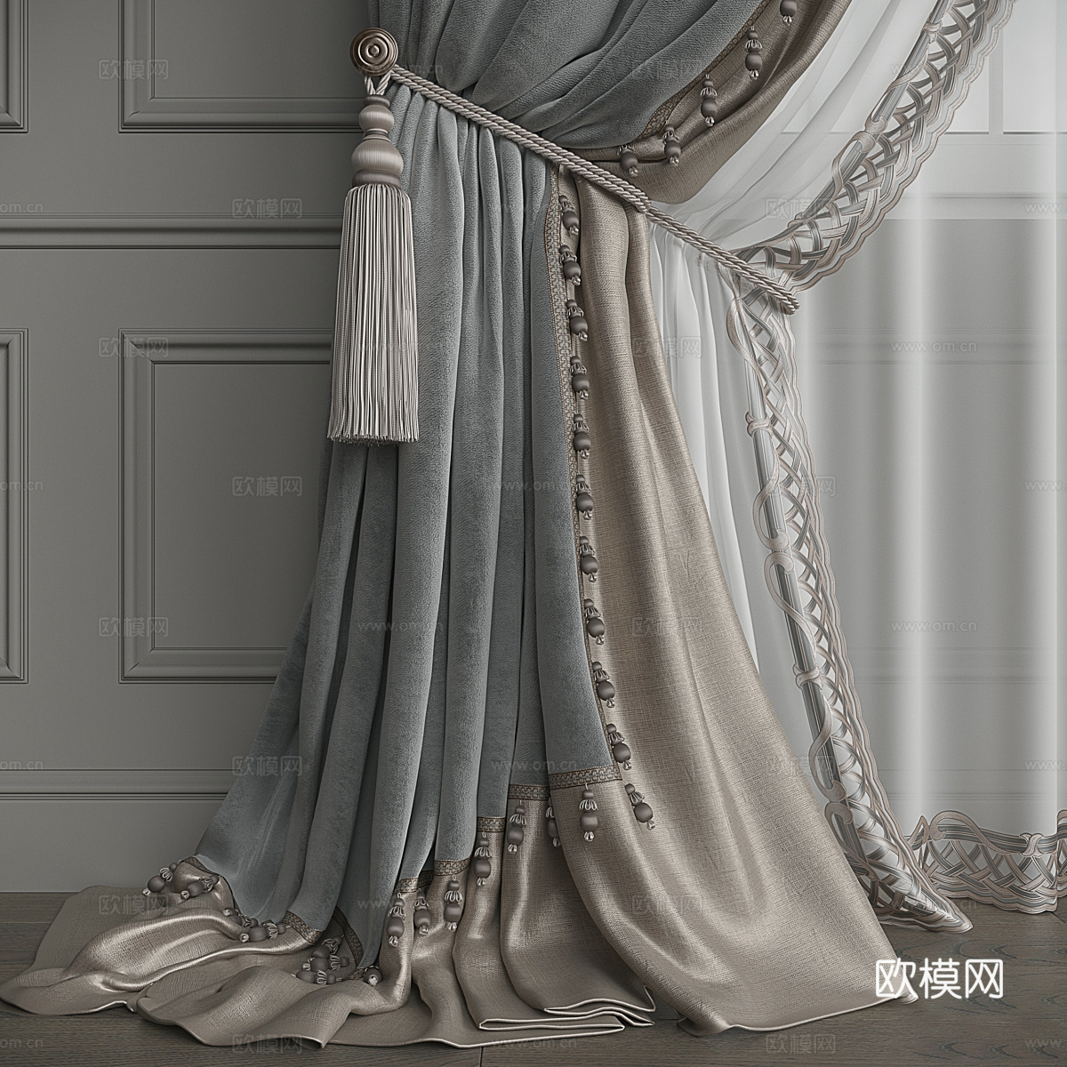 新中式轻奢布艺窗帘3d模型