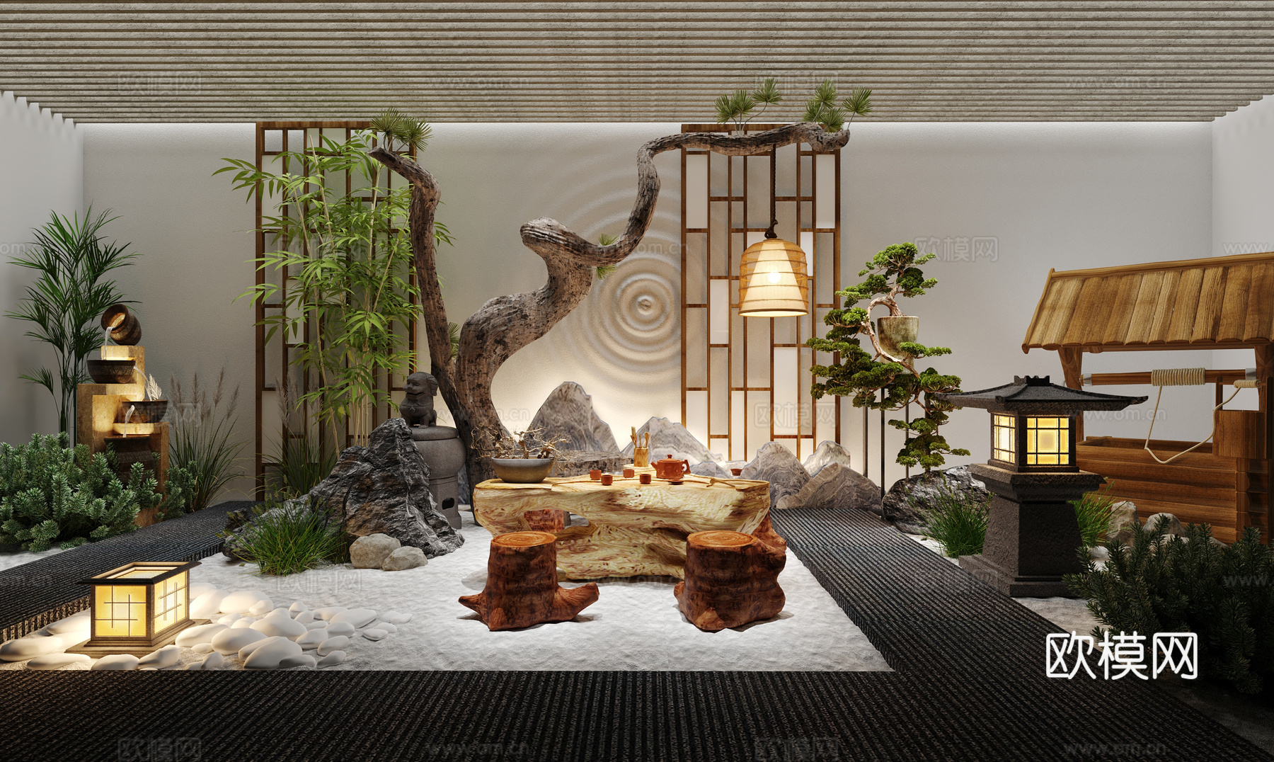 中式庭院茶台凳子松树景观墙饰枯树吊灯植物3d模型