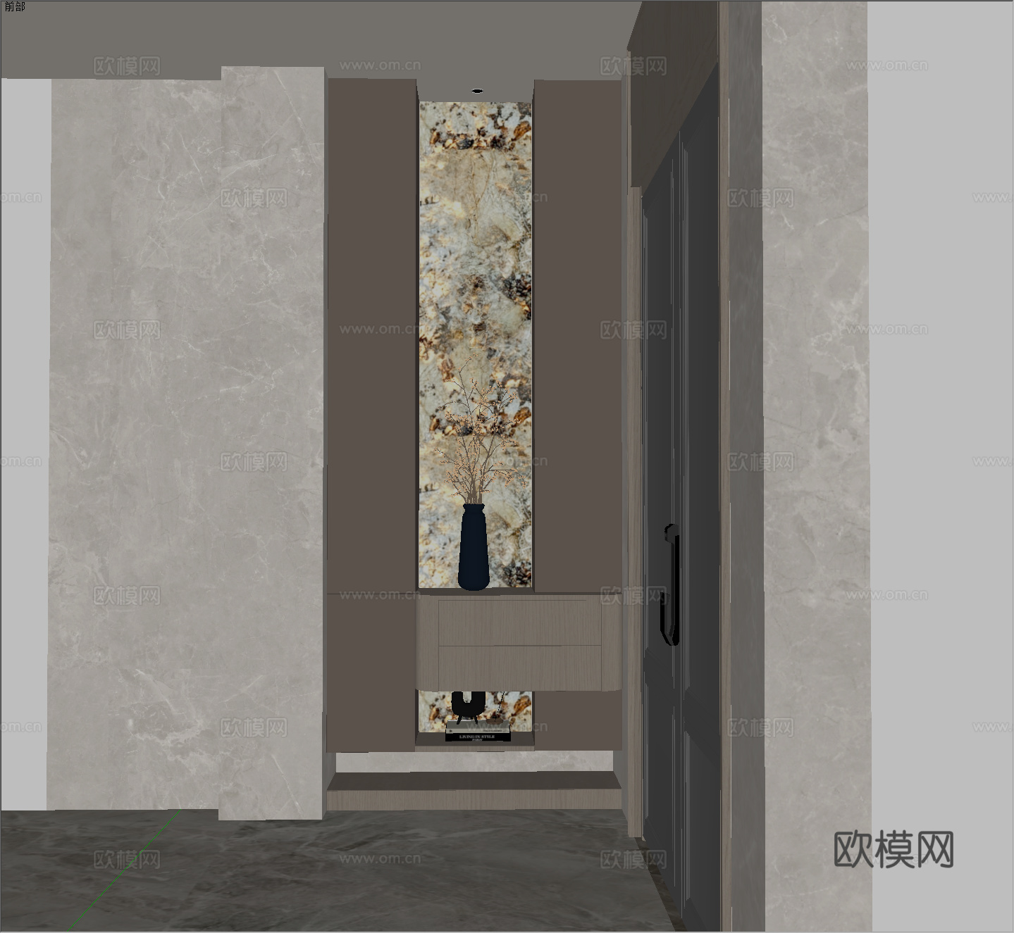 意式轻奢玄关门厅 意式极简入户端景 现代咖色过道背景 意式装su模型