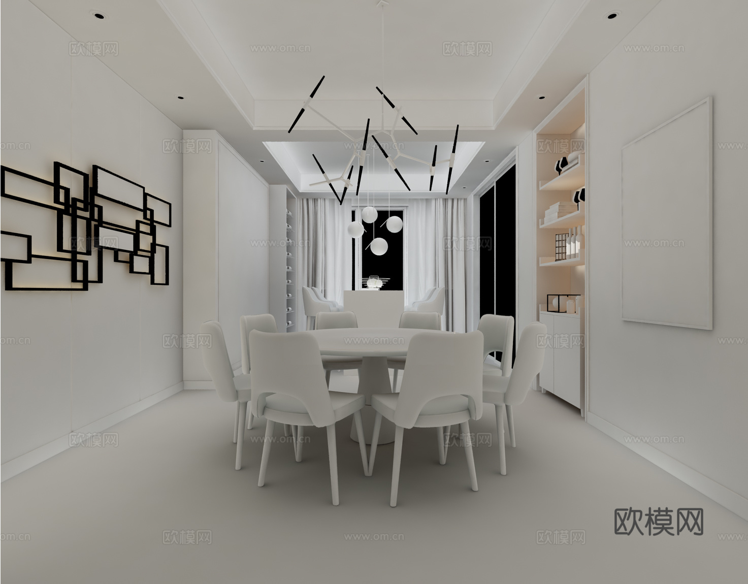 现代餐厅 餐桌椅 吊灯 装饰墙 挂画3d模型