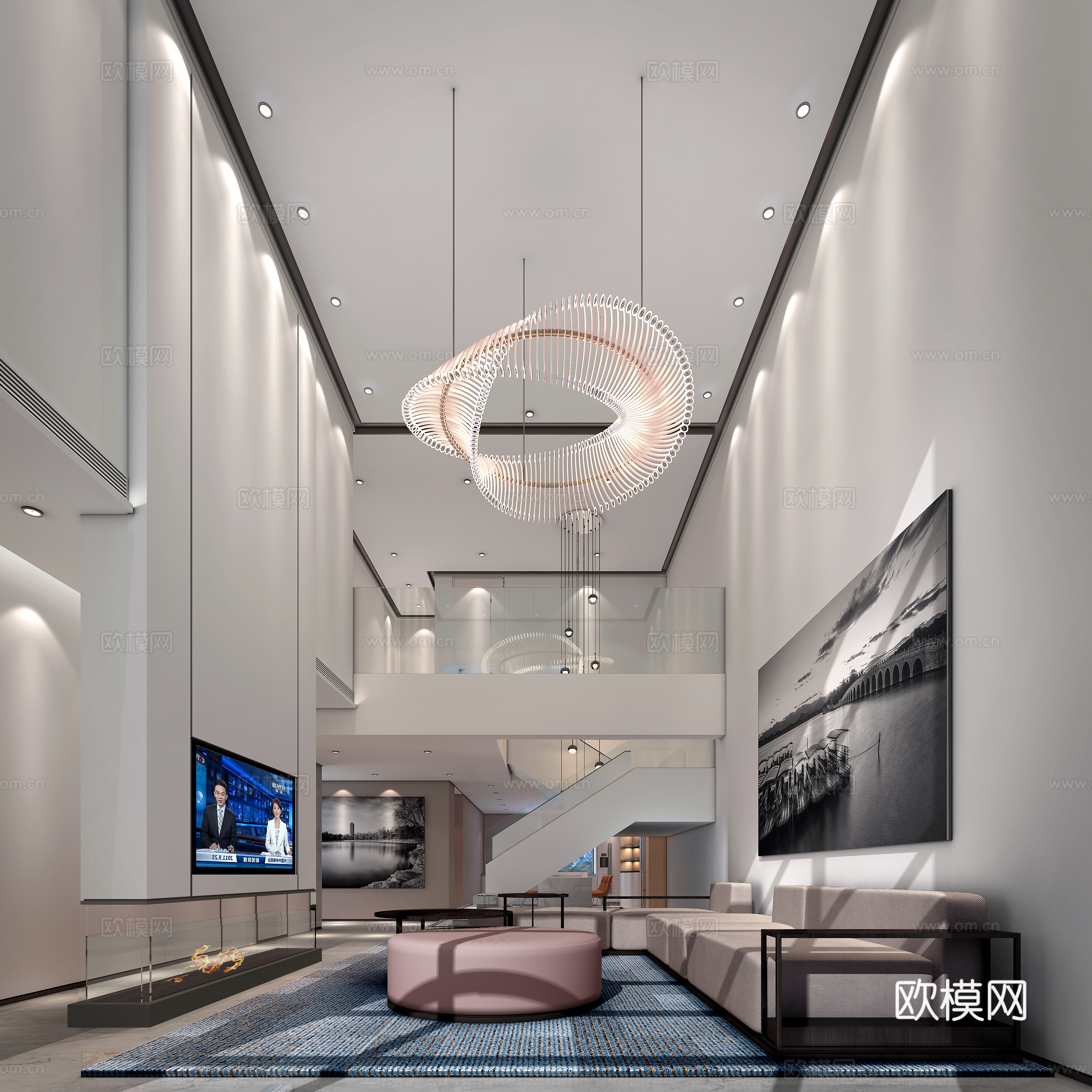 现代简约客厅 吊灯 多人沙发 茶几 挂画3d模型