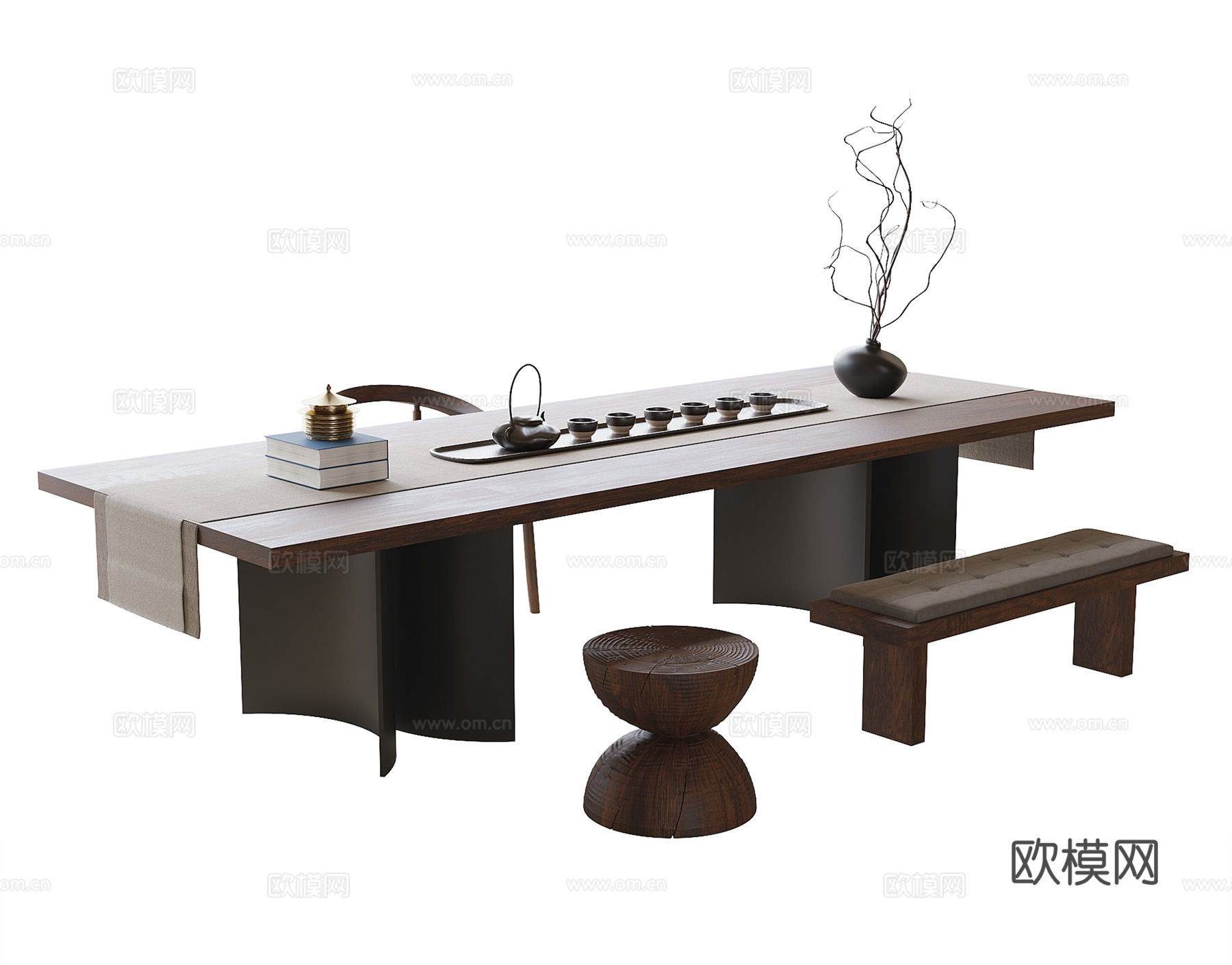 现代茶桌椅 凳子 茶桌 茶具3d模型