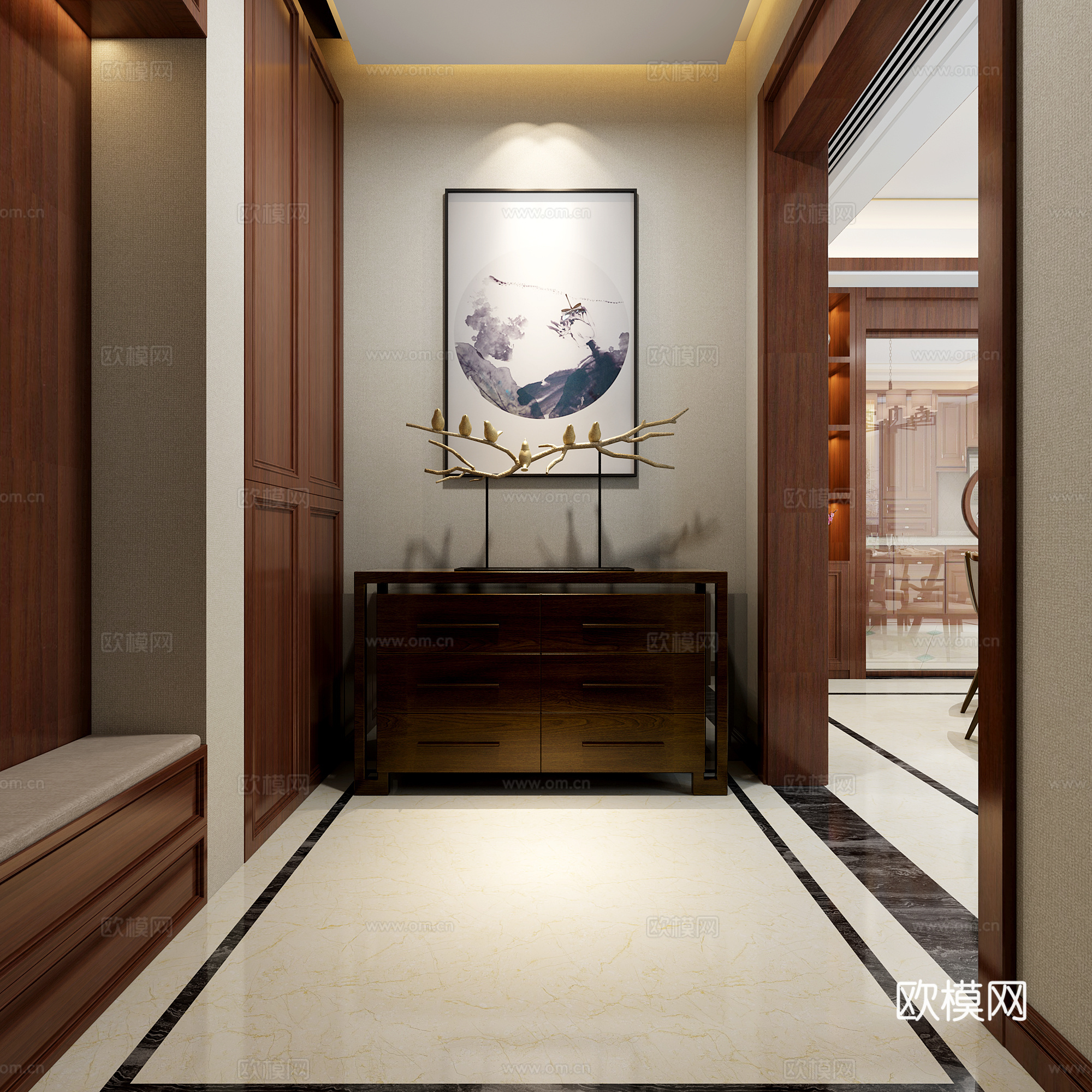 新中式餐厅  玄关 餐桌椅3d模型