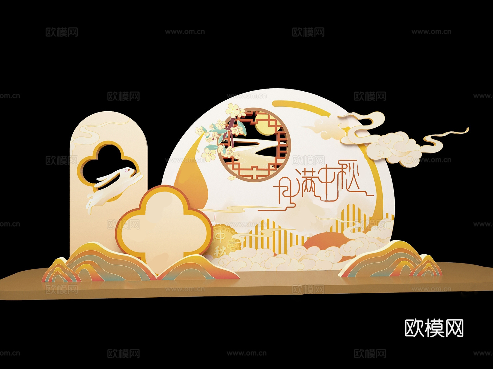 新中式美陈 中秋节 花好月圆su模型