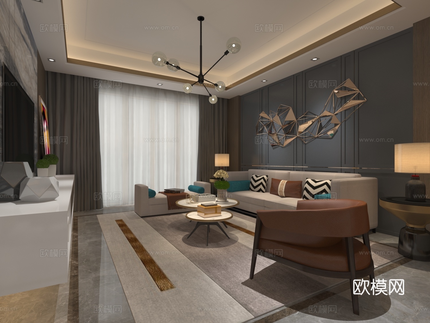 现代中式风格 暖色调 沙发茶几 餐桌椅 挂画 物件摆件3d模型