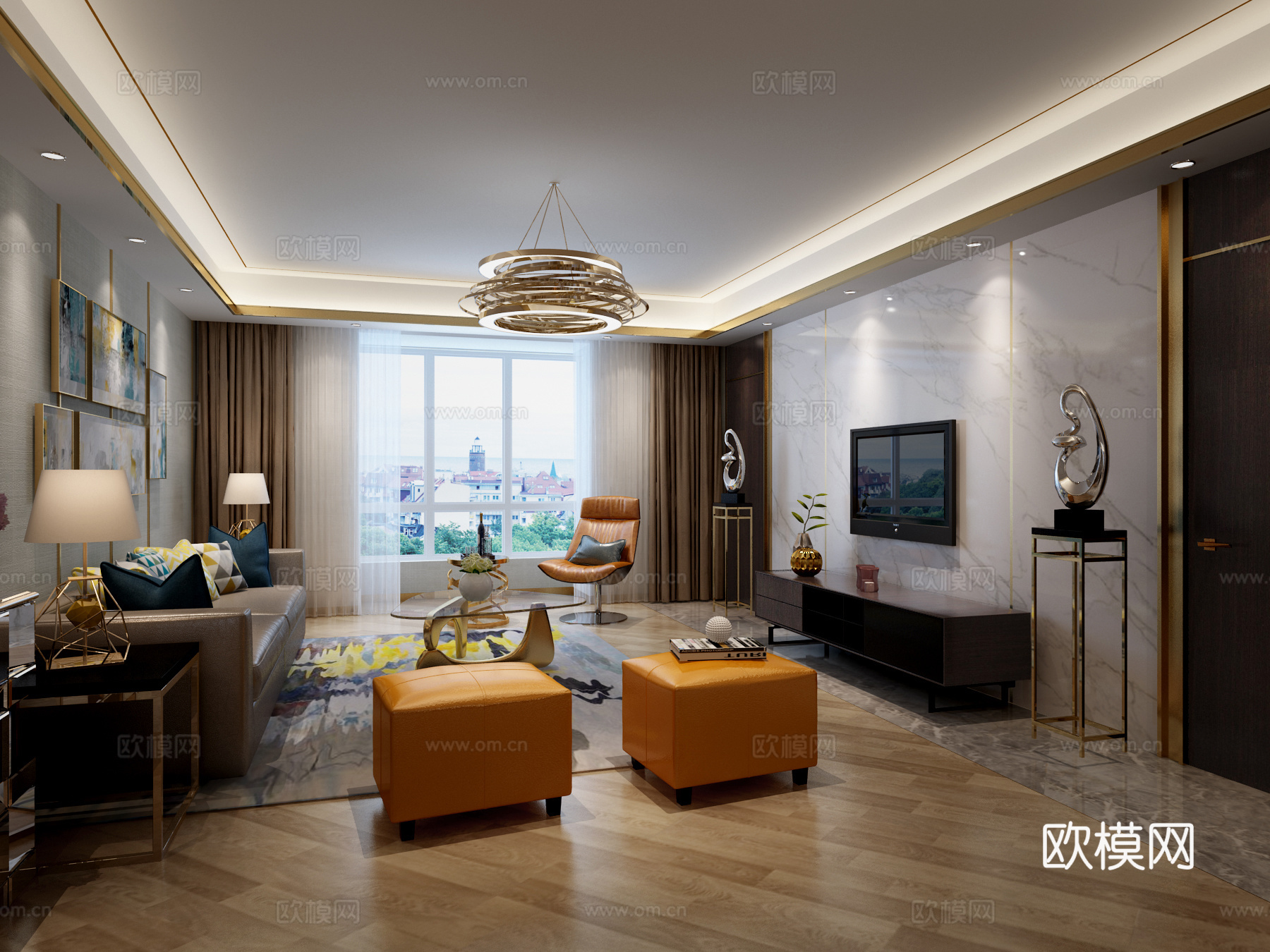 现代港式客厅餐厅 沙发 茶几 边几 餐桌椅 装饰画 吊灯3d模型