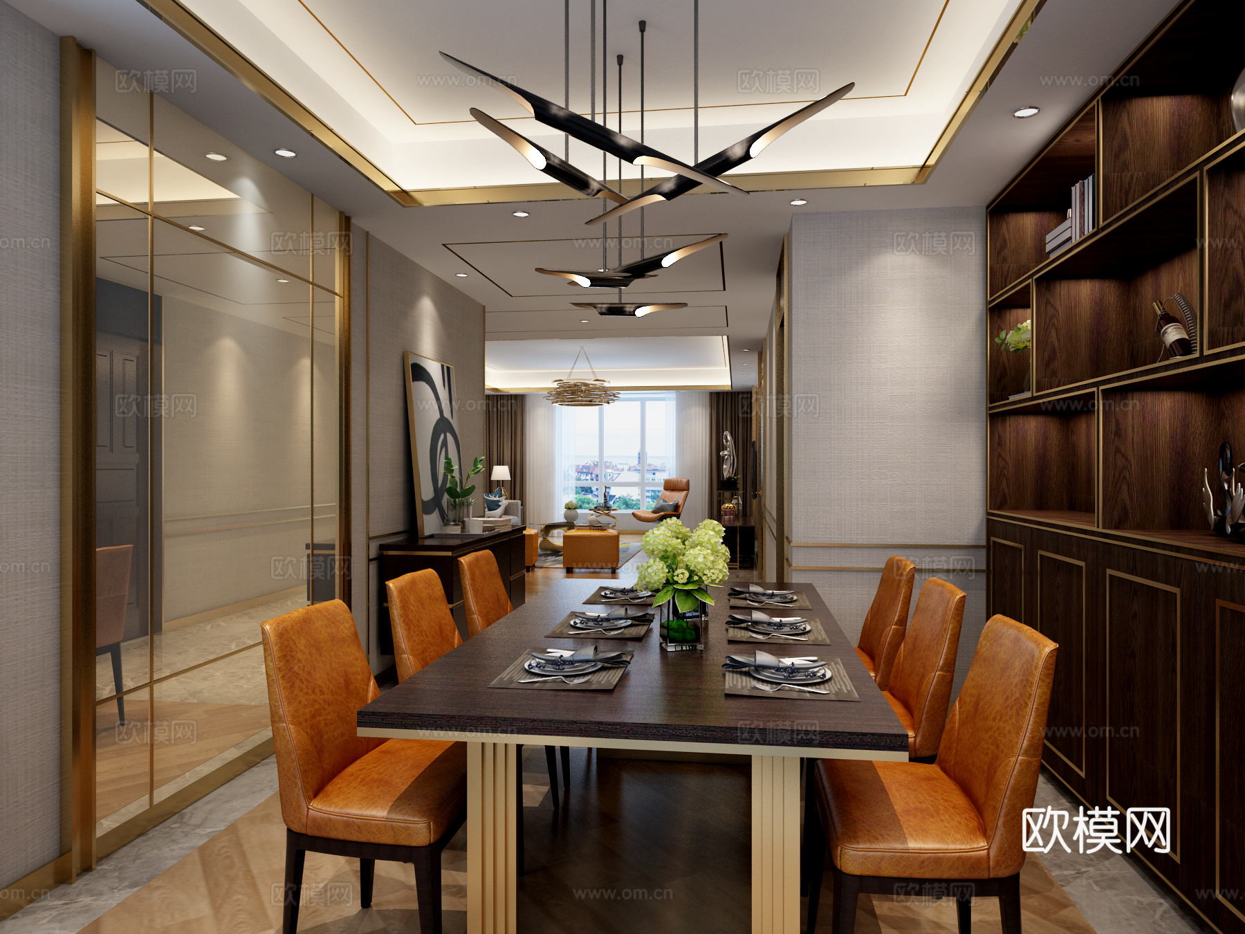 现代港式客厅餐厅 沙发 茶几 边几 餐桌椅 装饰画 吊灯3d模型