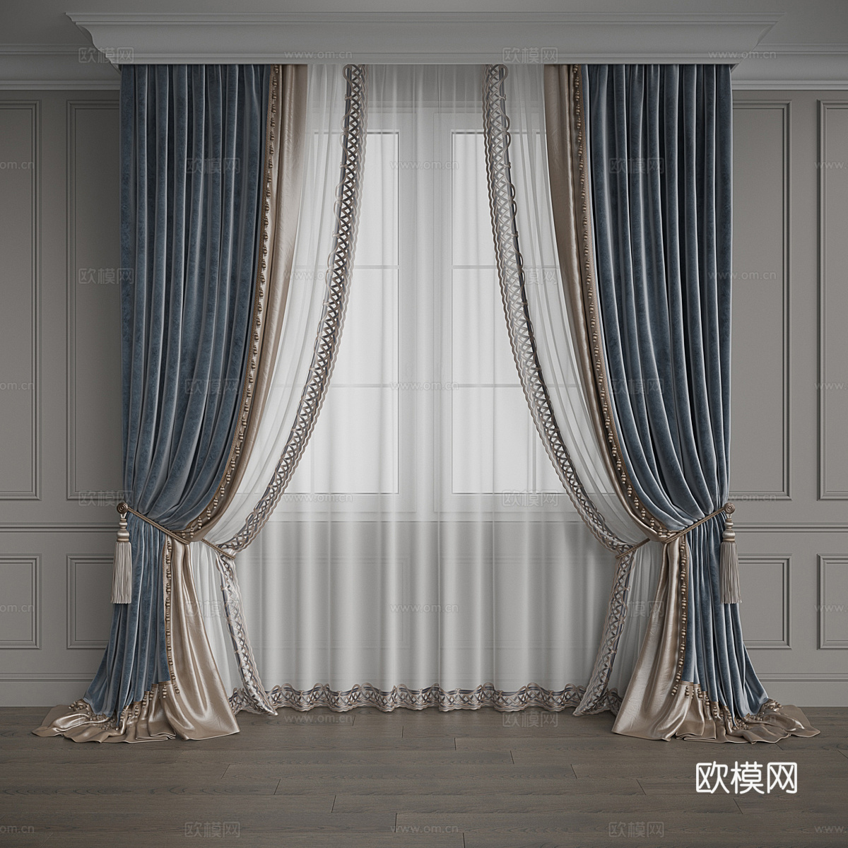 新中式轻奢布艺窗帘3d模型