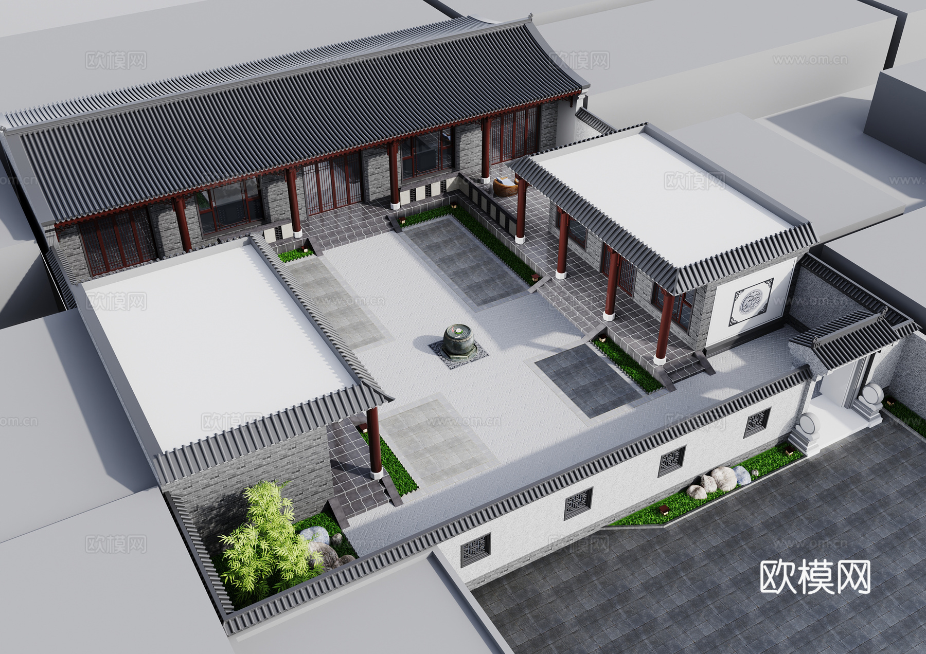 中式四合院植物庭院别墅中式雕花瓦片水缸3d模型