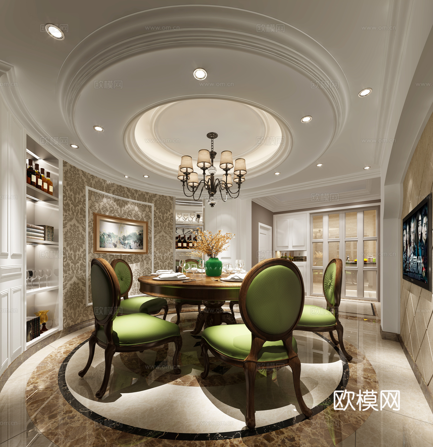 欧式简约餐厅 吊灯 餐桌椅3d模型