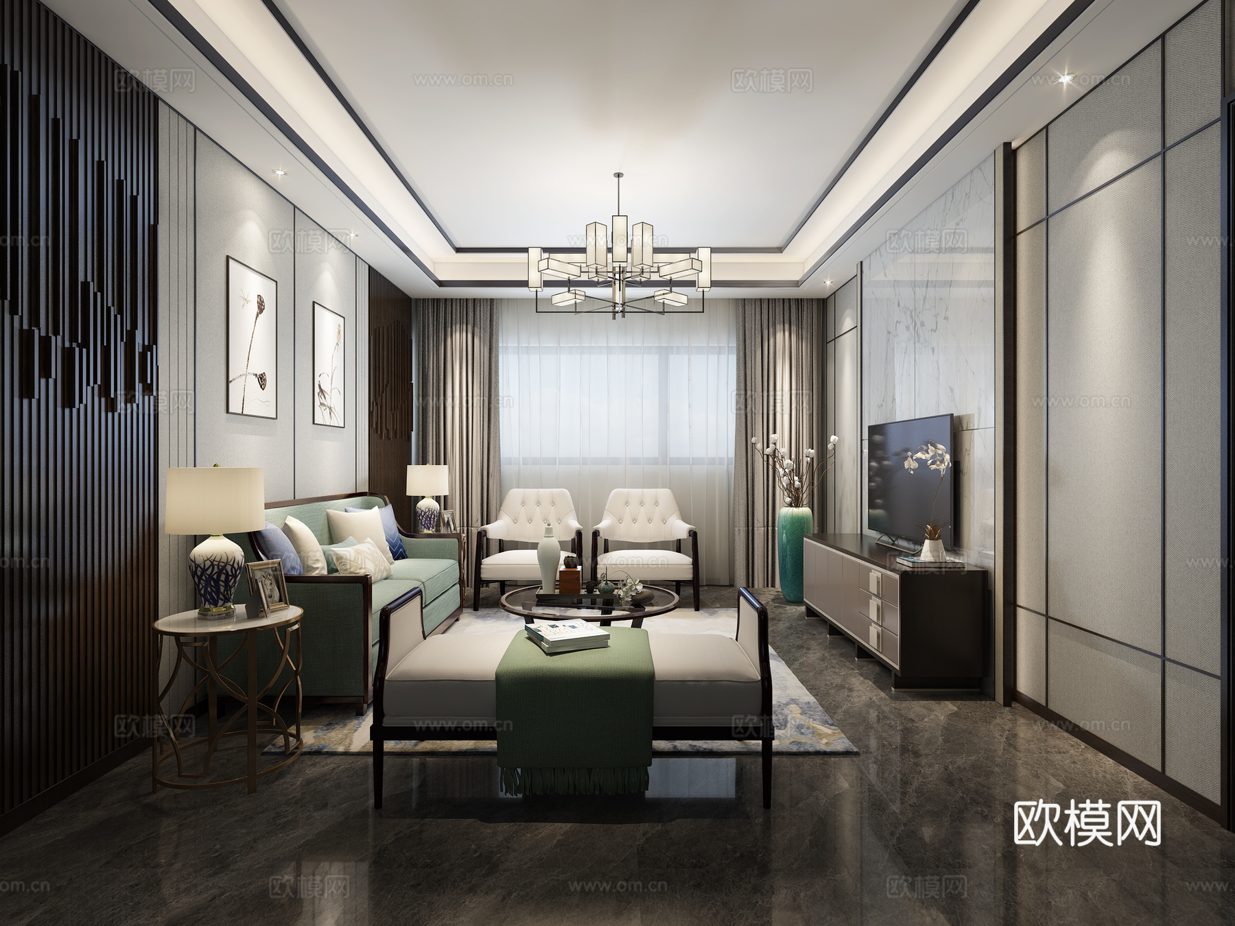新中式客厅 客餐厅 沙发茶几 餐桌椅 客厅 吊灯 挂画3d模型