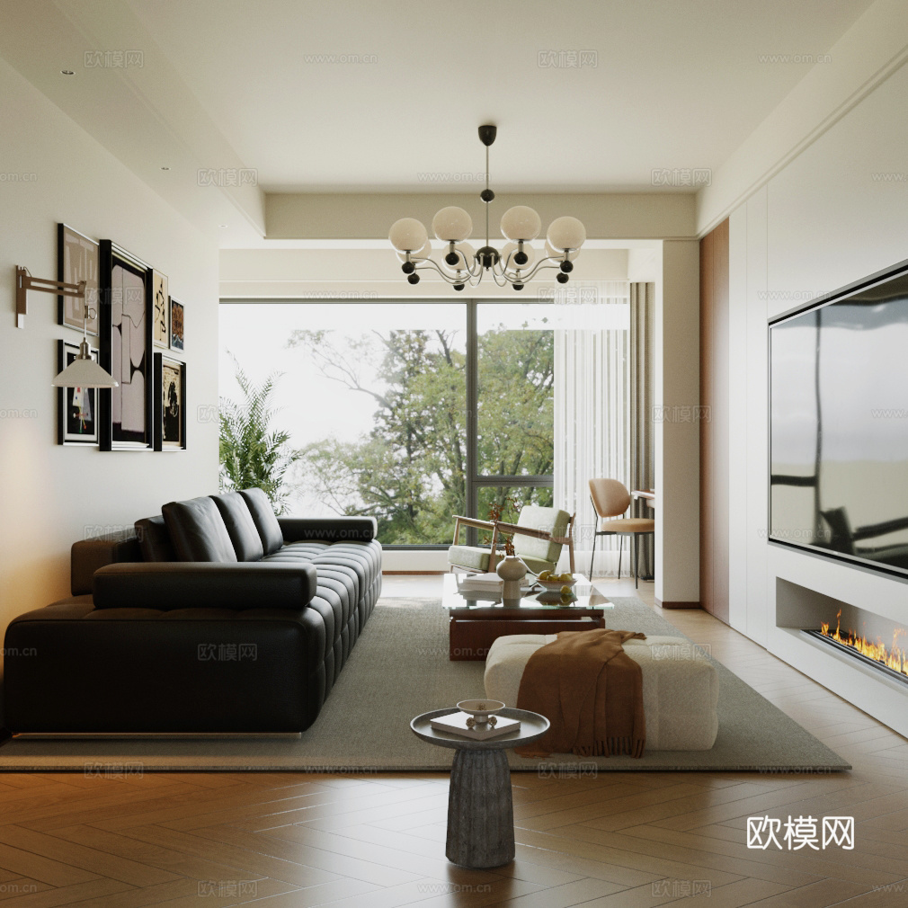 现代中古家居客厅 中古风客厅 复古风客厅 沙发茶几组合 壁灯3d模型