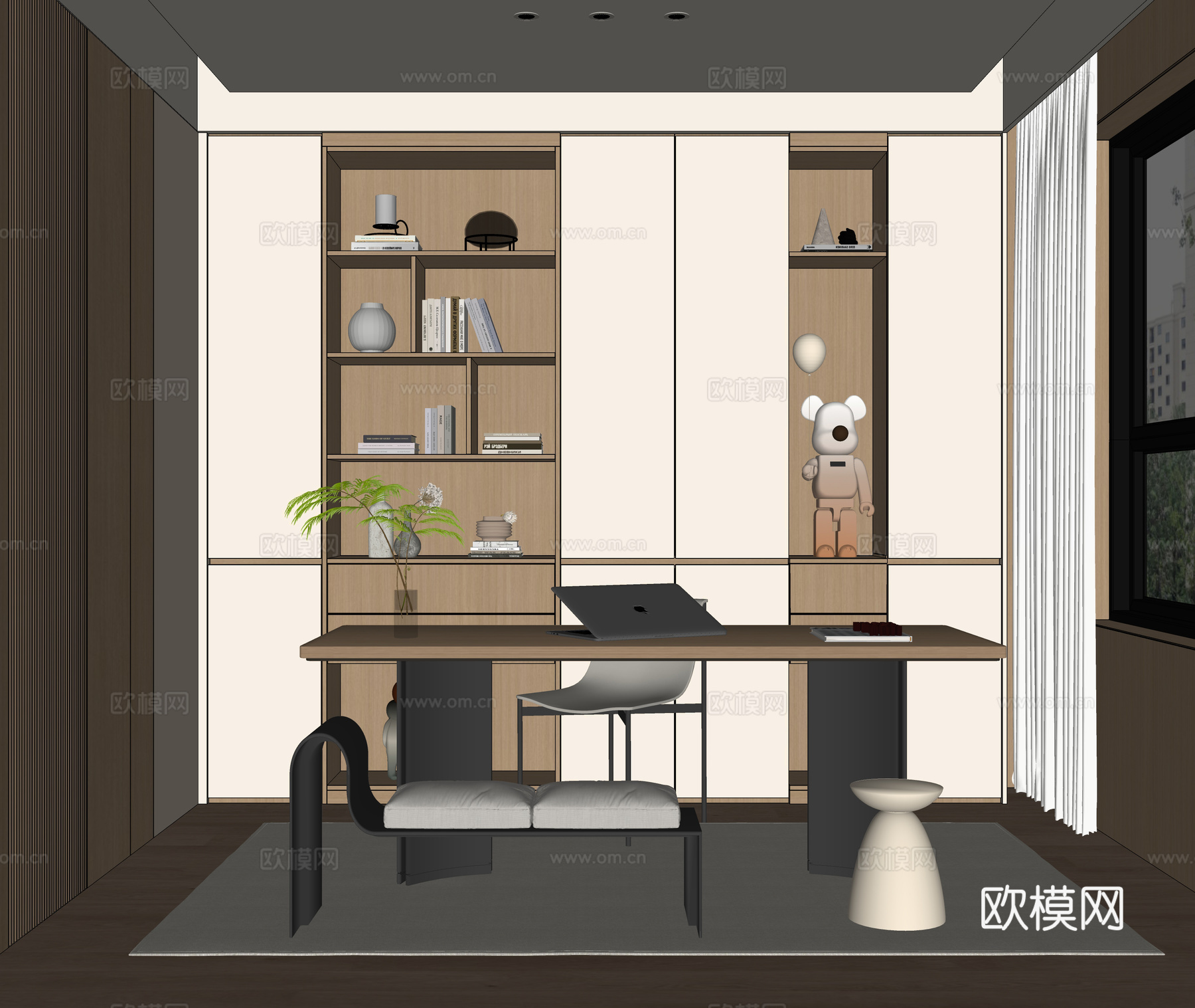 现代书房 书柜  书桌组合su模型