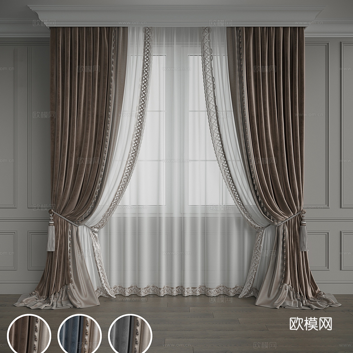新中式轻奢布艺窗帘3d模型