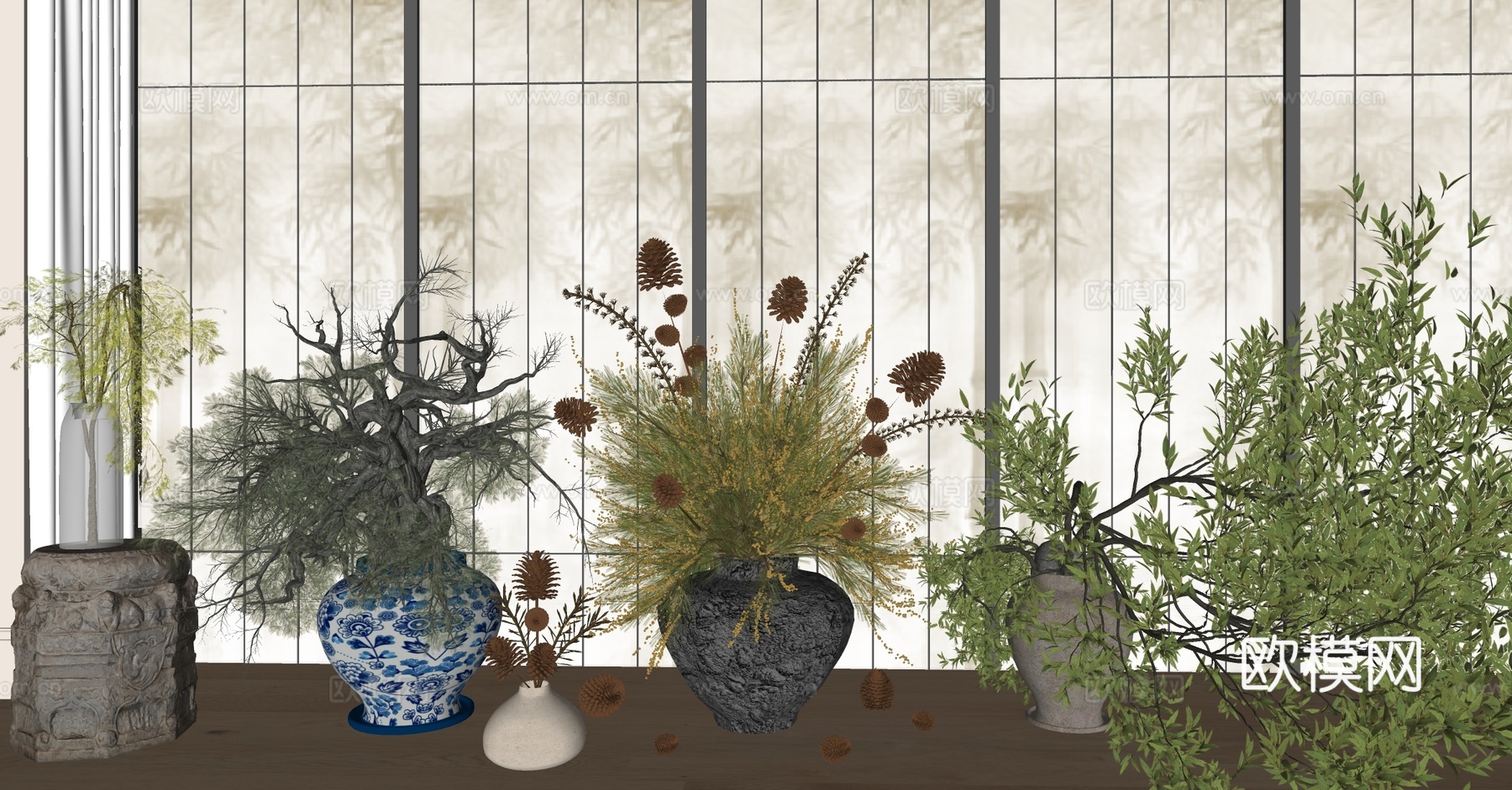 盆栽 新中式植物组合 植物组合 大型落地植物 花艺摆件 花艺su模型