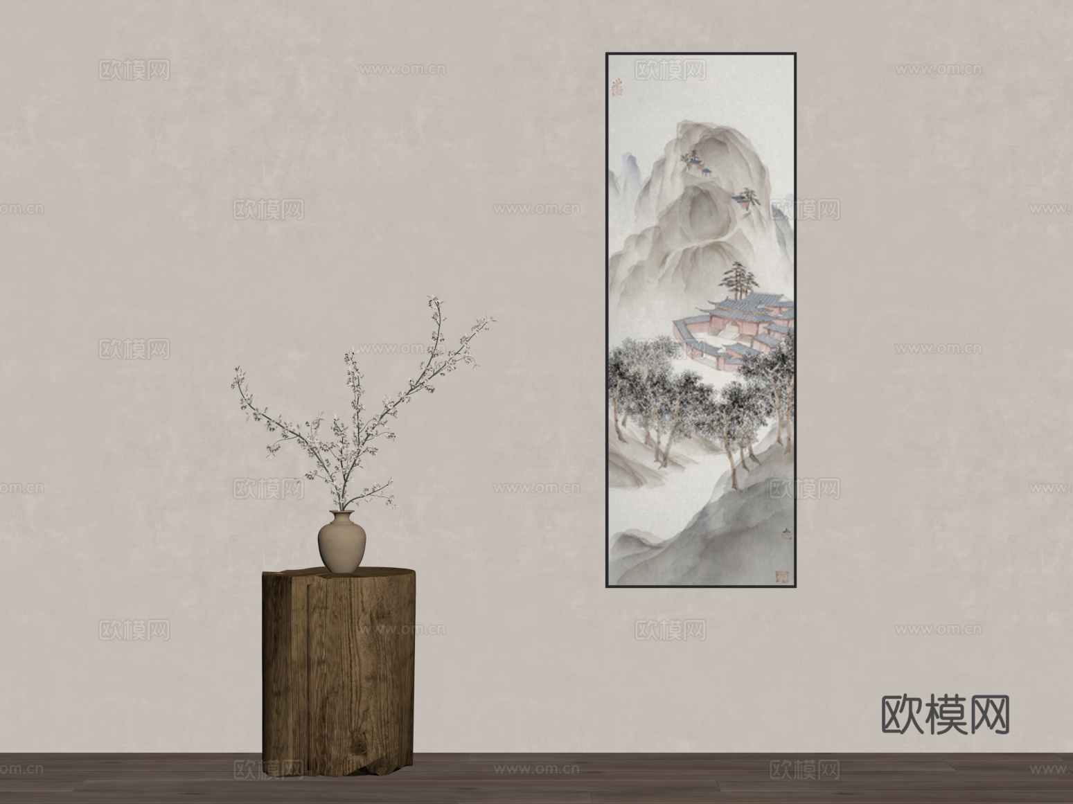 新中式挂画 装饰画 花瓶su模型