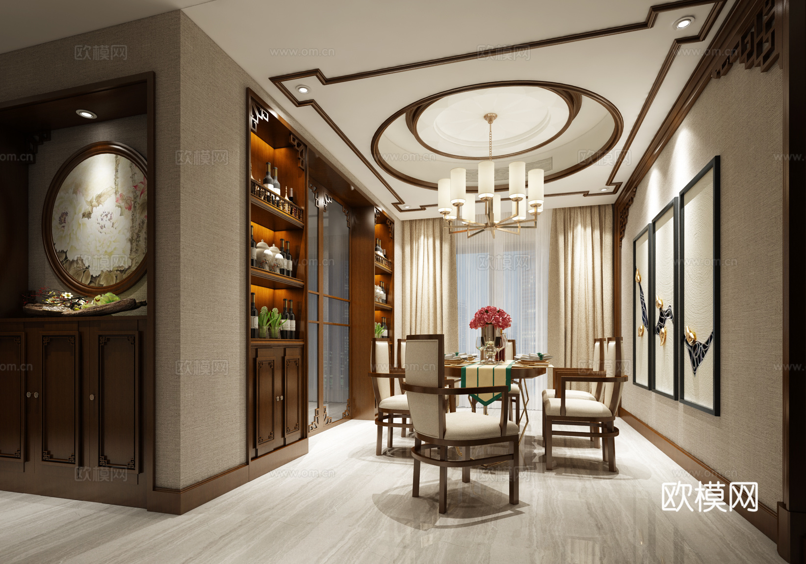 现代简欧餐厅 餐桌椅 吊灯3d模型