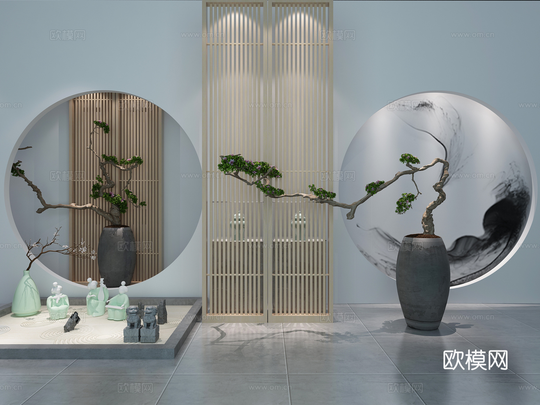 禅意中式景观小建筑 干枝花瓶 雕塑 雕花隔断 物件摆件3d模型