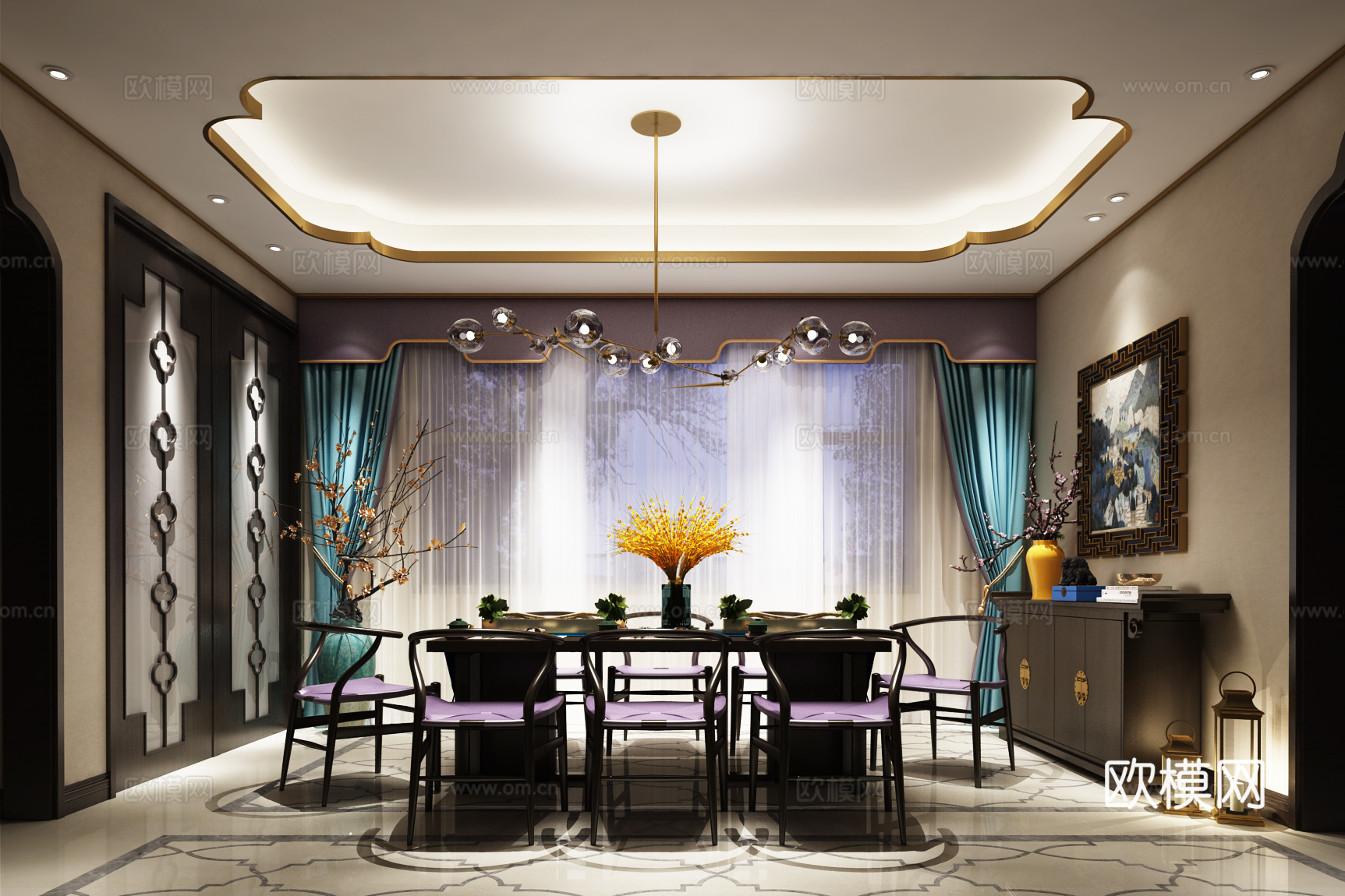 现代餐厅 餐桌 餐椅 吊灯 装饰柜3d模型