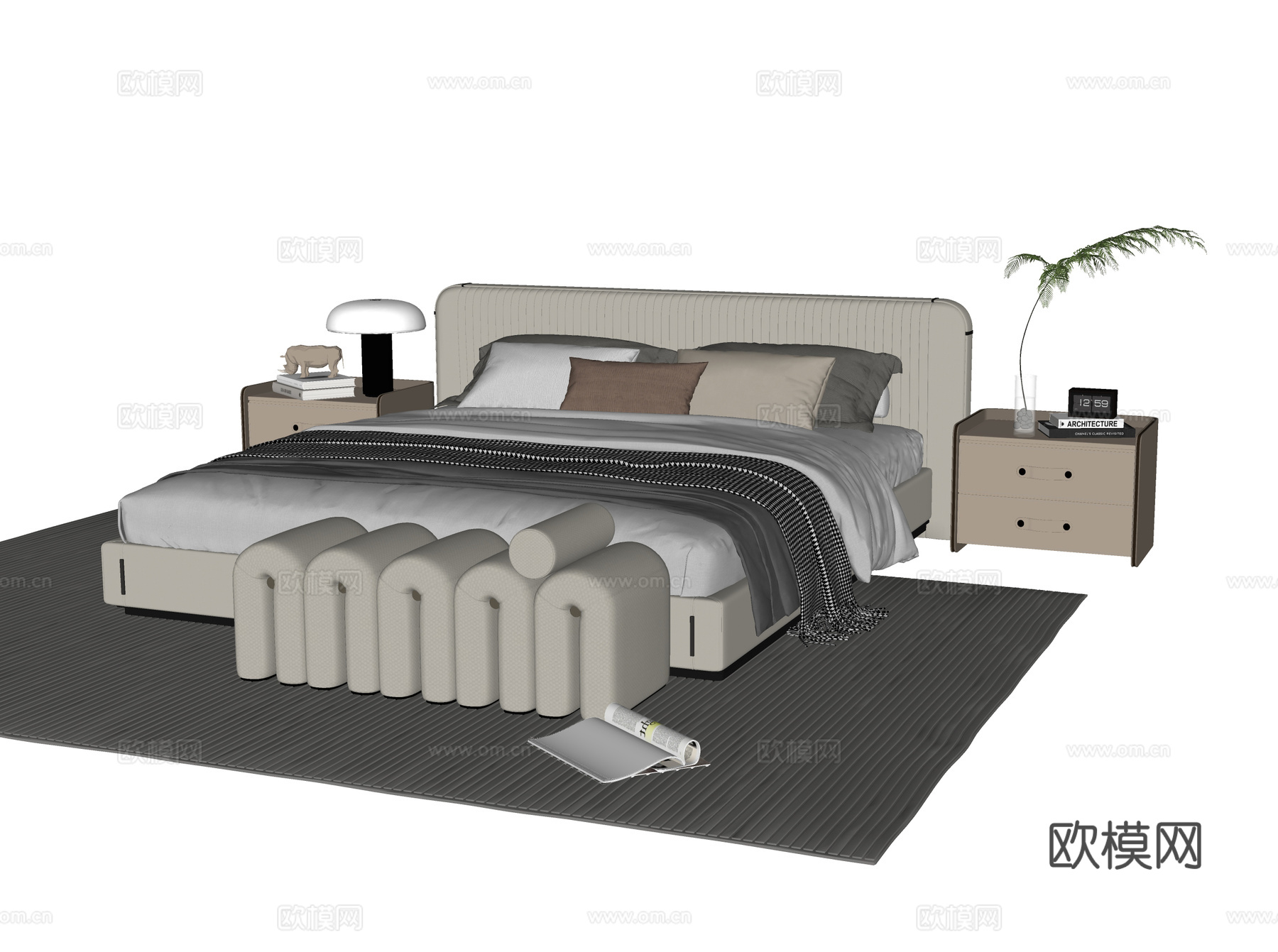现代双人床 床尾凳 床头柜su模型