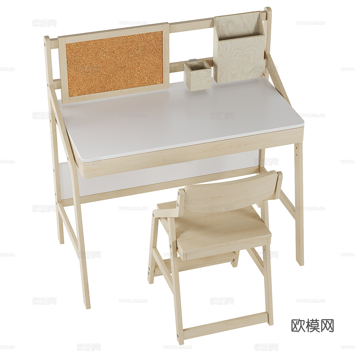 现代北欧原木风儿童书桌椅3d模型