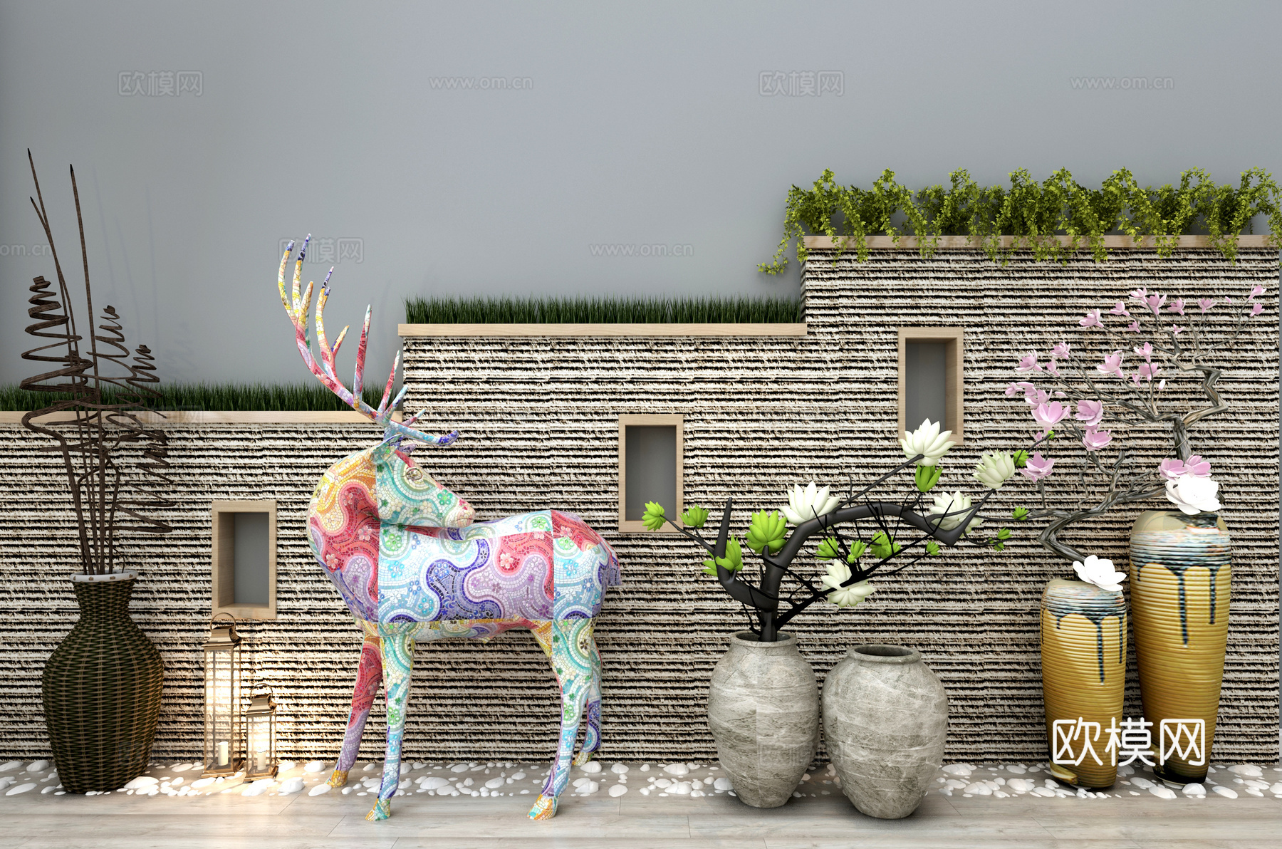 现代园林景观 景观 植物墙 花植 花瓶 碎石 小鹿 园林3d模型
