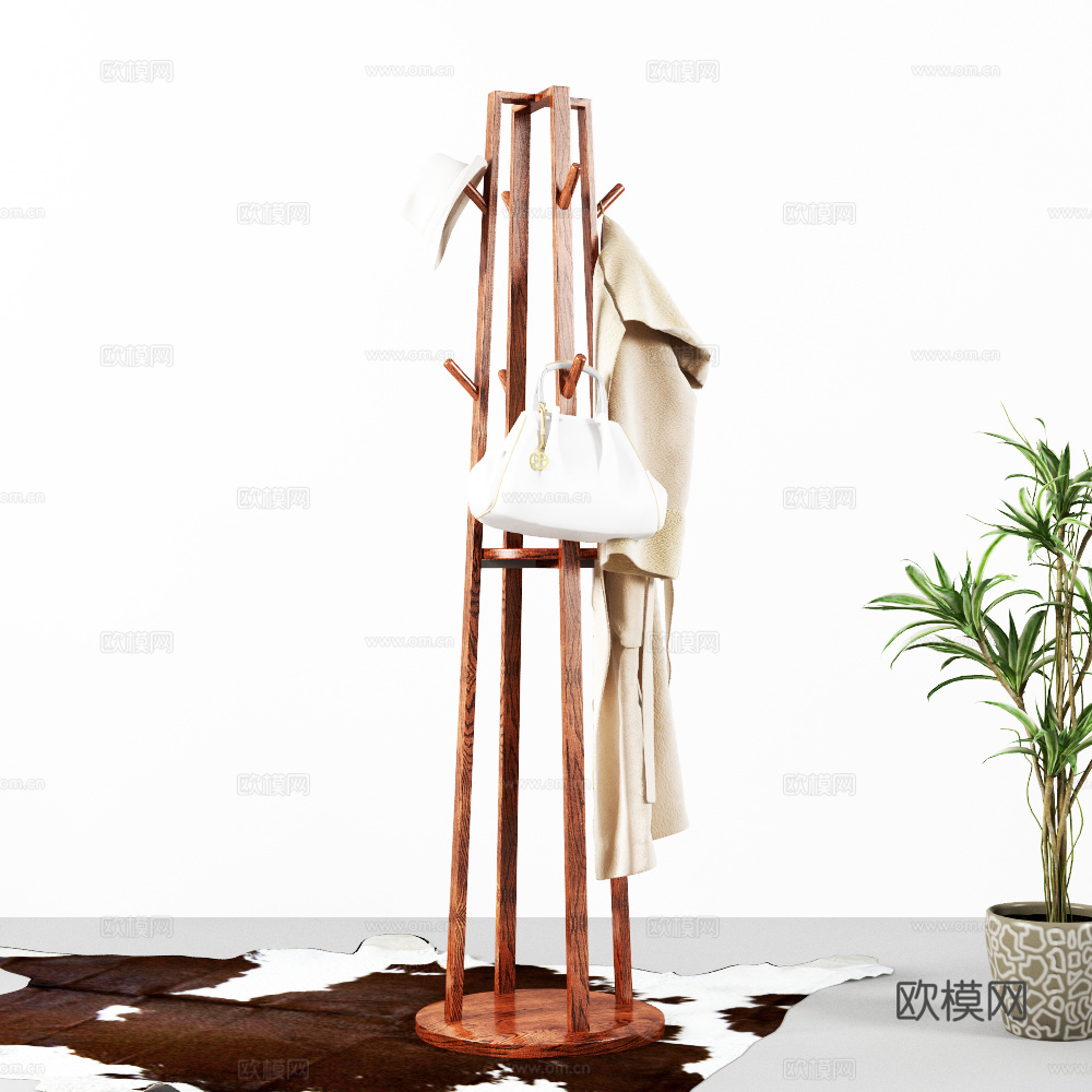 新中式实木衣架绿植服饰地毯3d模型