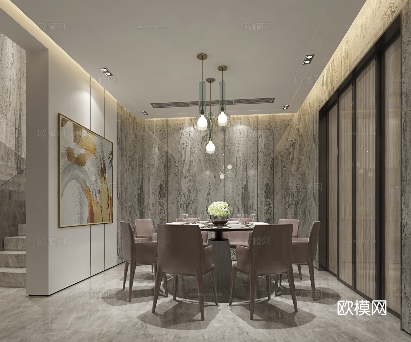 现代简约客厅 餐厅 沙发 茶几 电视柜 休闲椅 吊灯3d模型