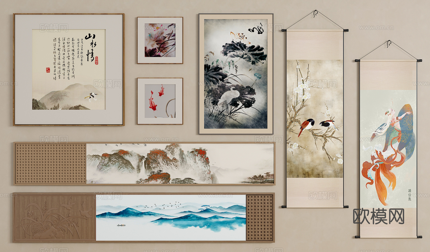 新中式挂画 宋氏中古风挂画 长条挂画 横向挂画 挂画组合3d模型