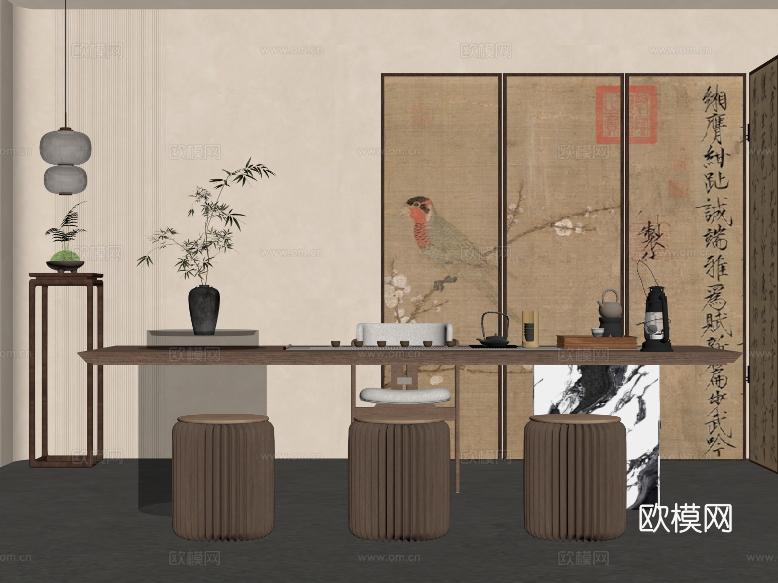 茶室 新中式茶室 茶桌椅组合 茶台 屏风su模型