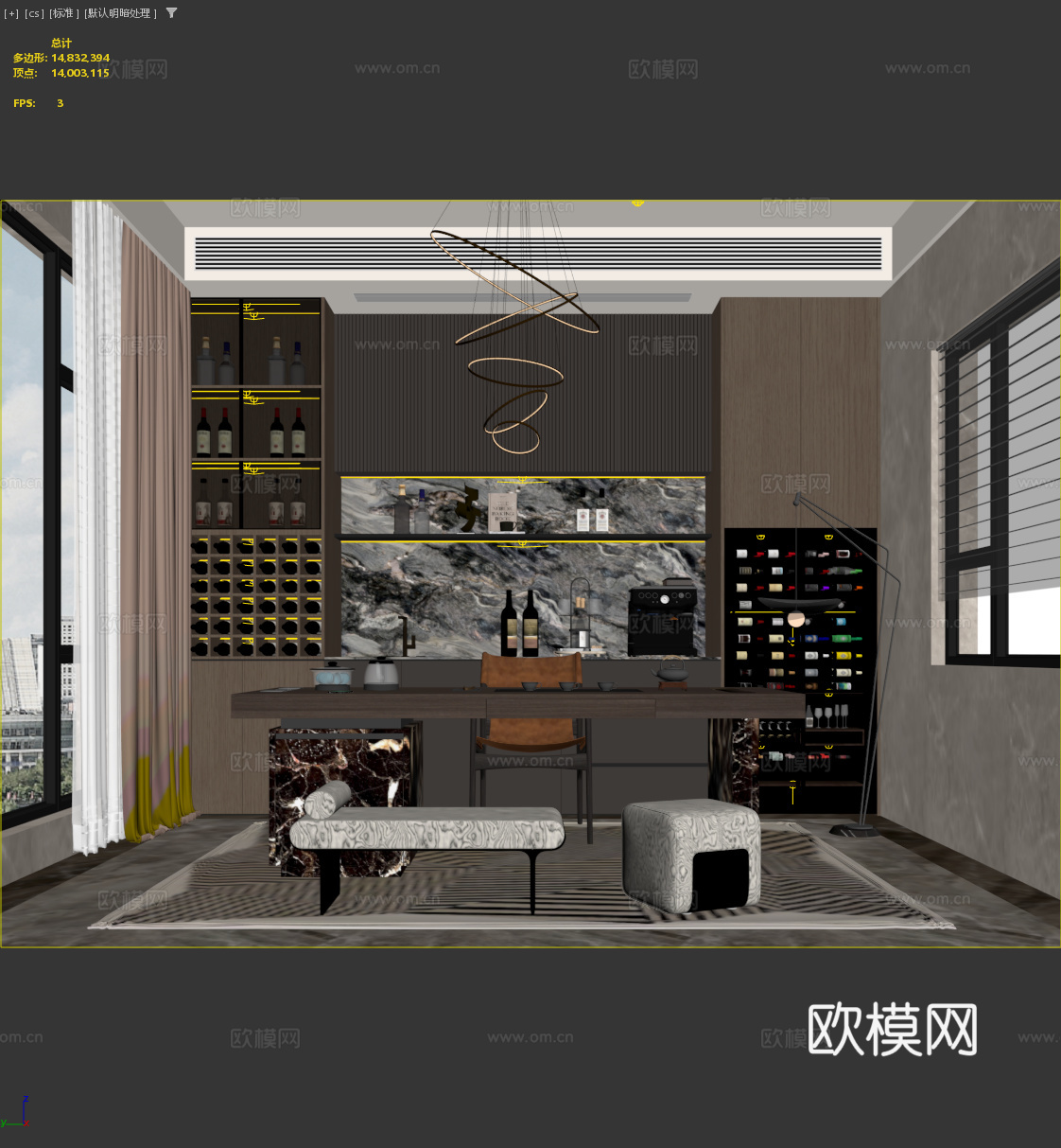 意式轻奢茶室酒柜 暗黑餐边柜西厨柜 意式茶桌茶台组合 恒温红3d模型下载（渲染图2）