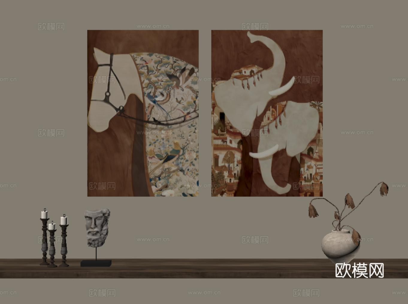 中古挂画 复古装饰画 动物画 马头画 大象画su模型