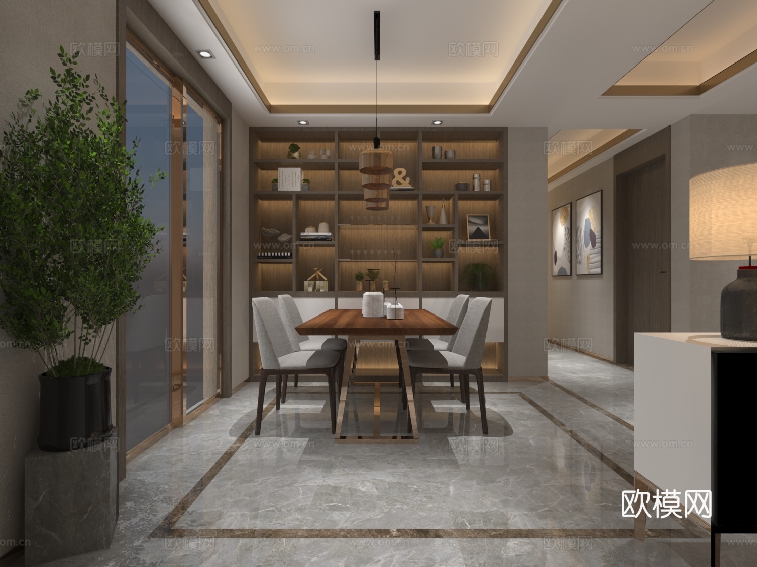 现代中式风格 暖色调 沙发茶几 餐桌椅 挂画 物件摆件3d模型