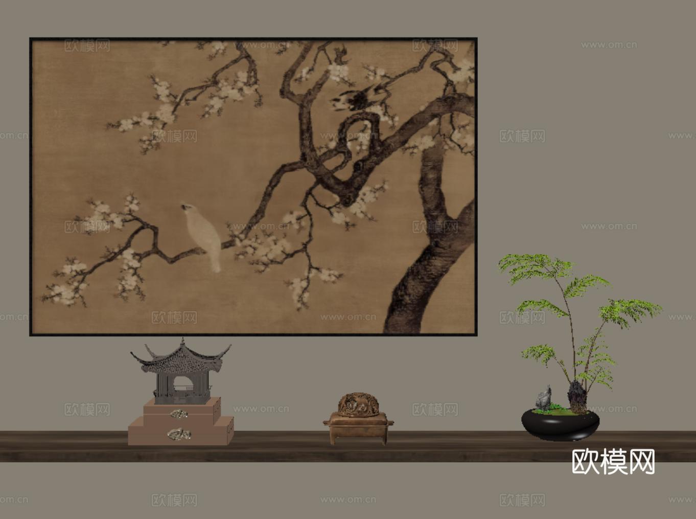 新中式挂画 中古装饰画 宋代壁画 花鸟祥和su模型