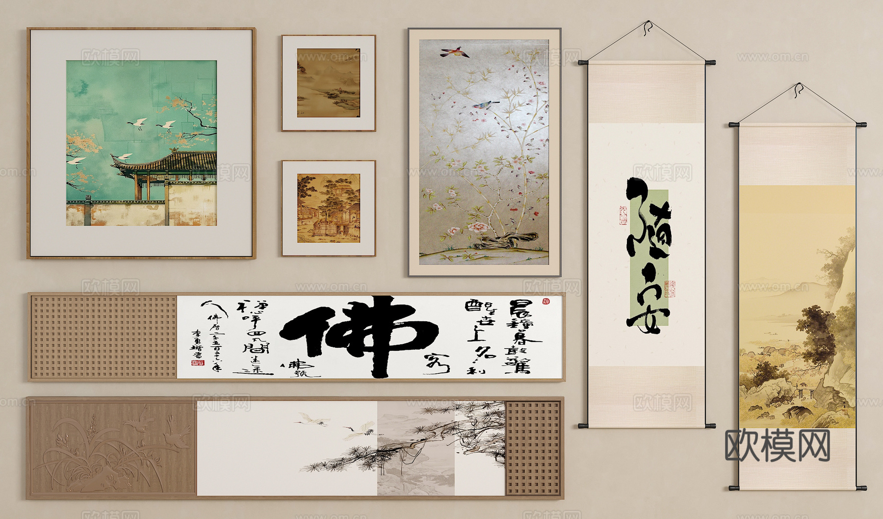 新中式挂画 宋氏中古风挂画 长条挂画 横向挂画 挂画组合3d模型