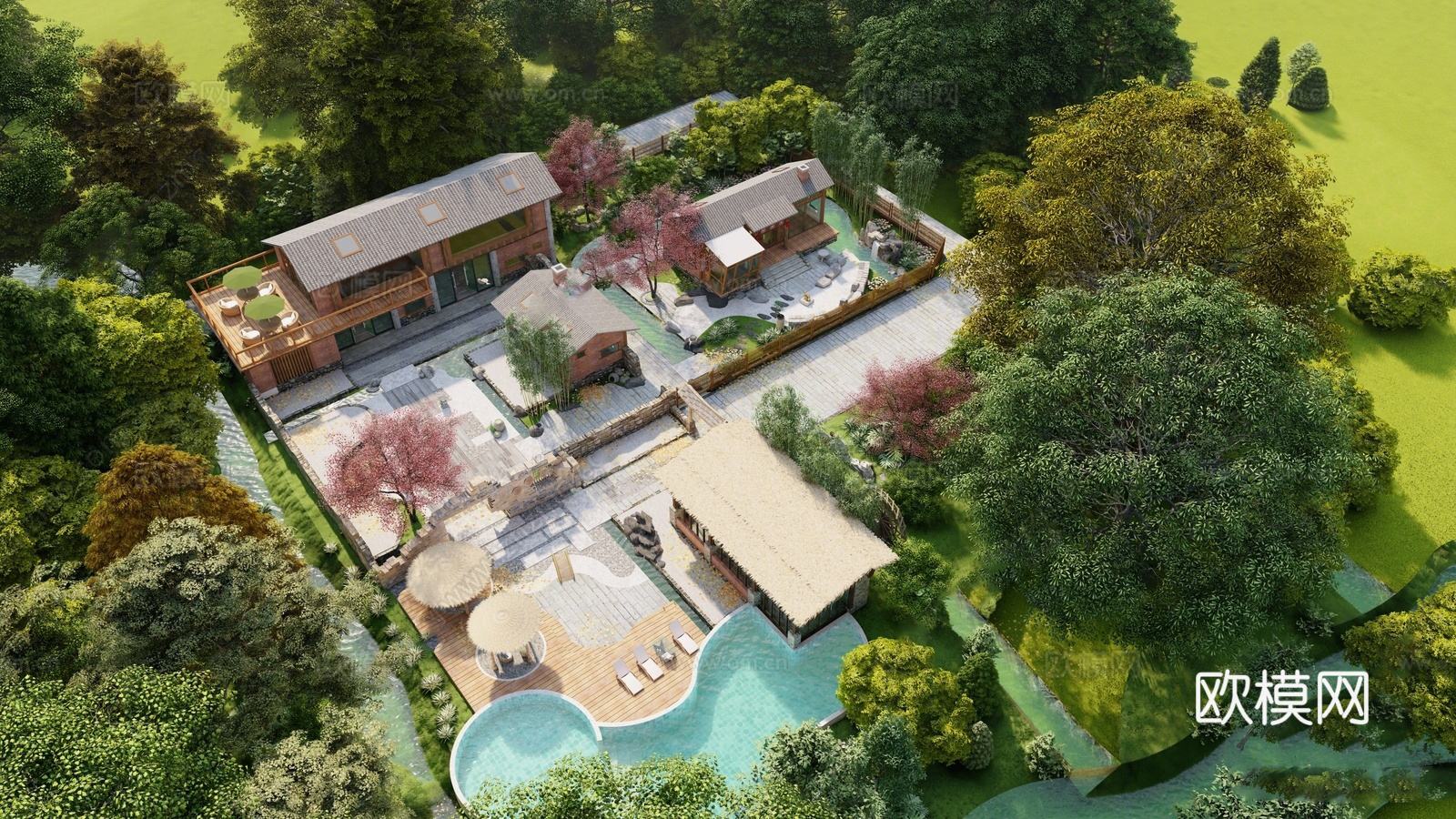 新中式乡村庭院  民宿庭院景观 农家乐 农家餐厅su模型