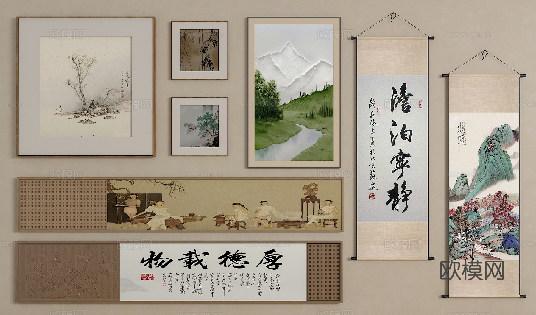 新中式挂画 宋氏中古风挂画 长条挂画 横向挂画 挂画组合3d模型