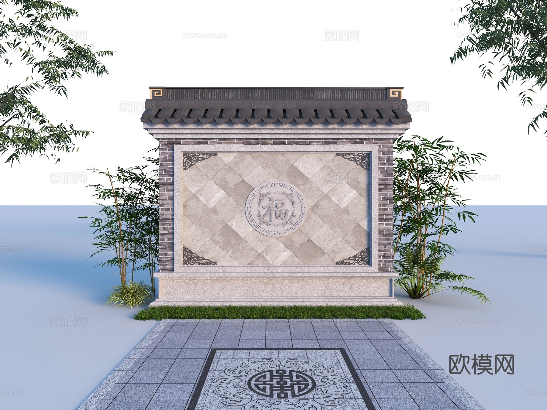 中式照壁 中式别墅民宿照壁 屏风3d模型