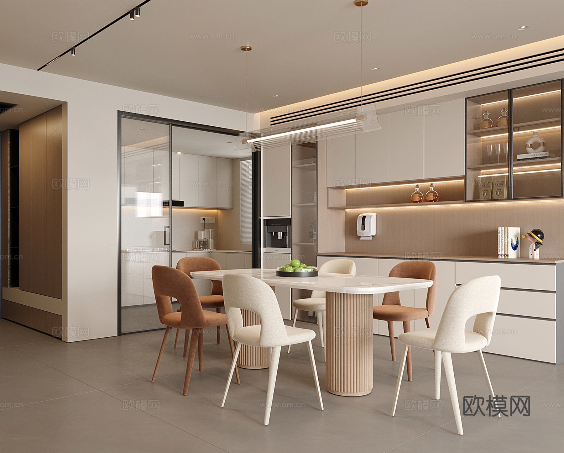 现代餐厅 餐桌椅 酒柜 吊灯3d模型
