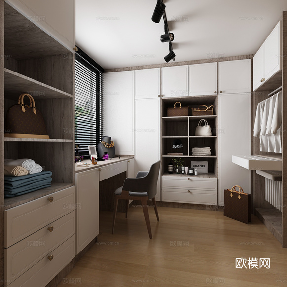 現(xiàn)代衣帽間 衣柜 梳妝臺(tái) 椅子 柜門3d模型下載(渲染圖1)