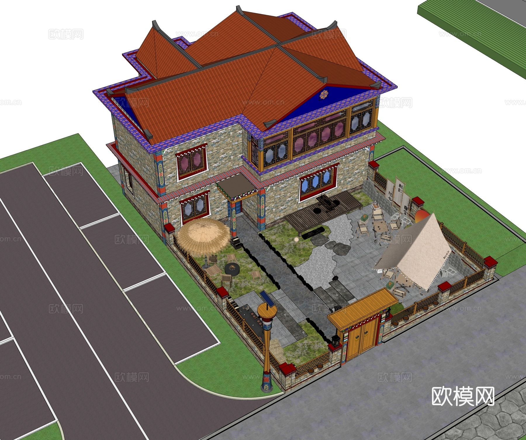 新中式乡村庭院  民宿庭院景观 农家乐 农家餐厅su模型