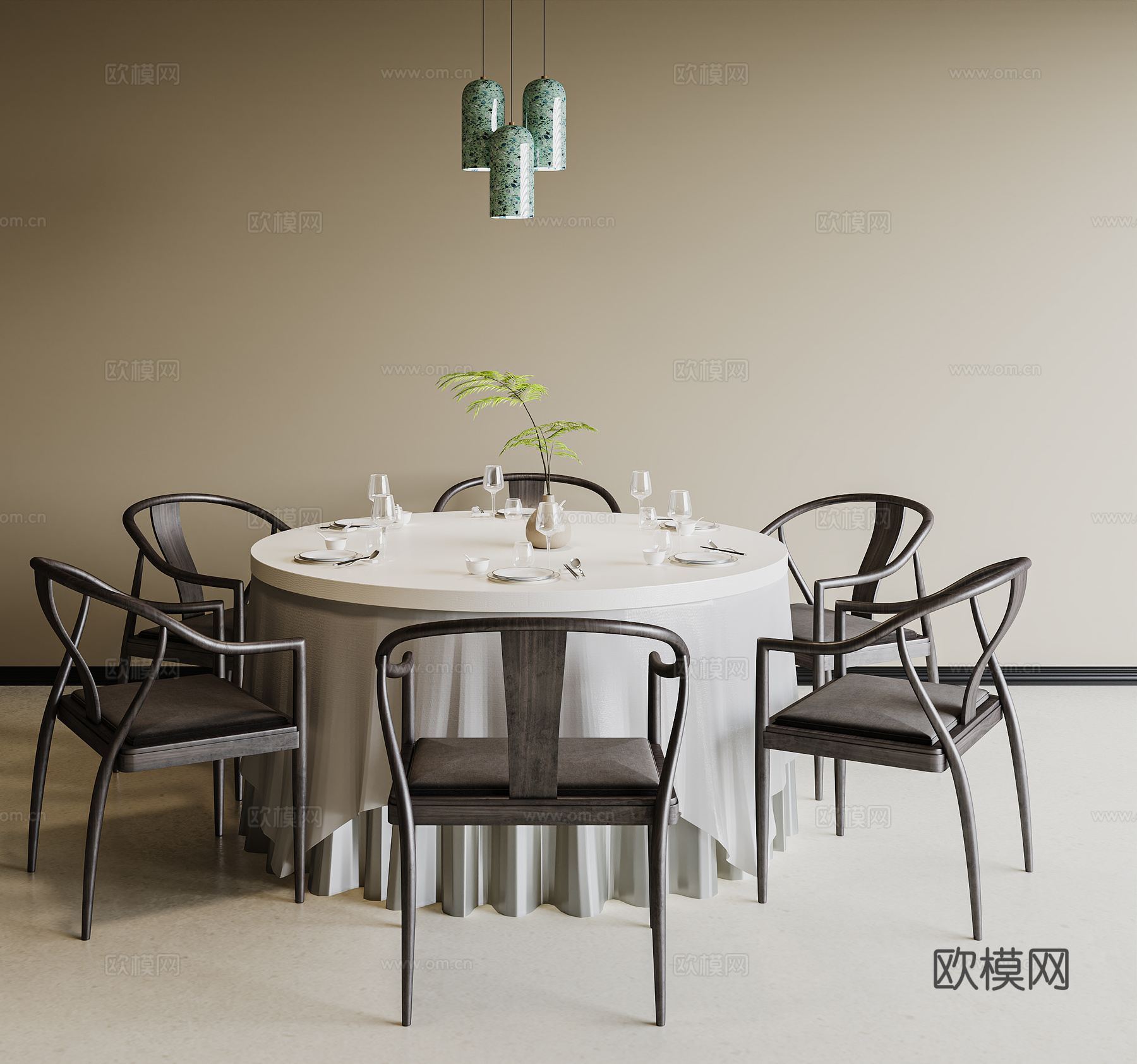 新中式餐桌椅  圆形餐桌 实木休闲单椅 餐具su模型