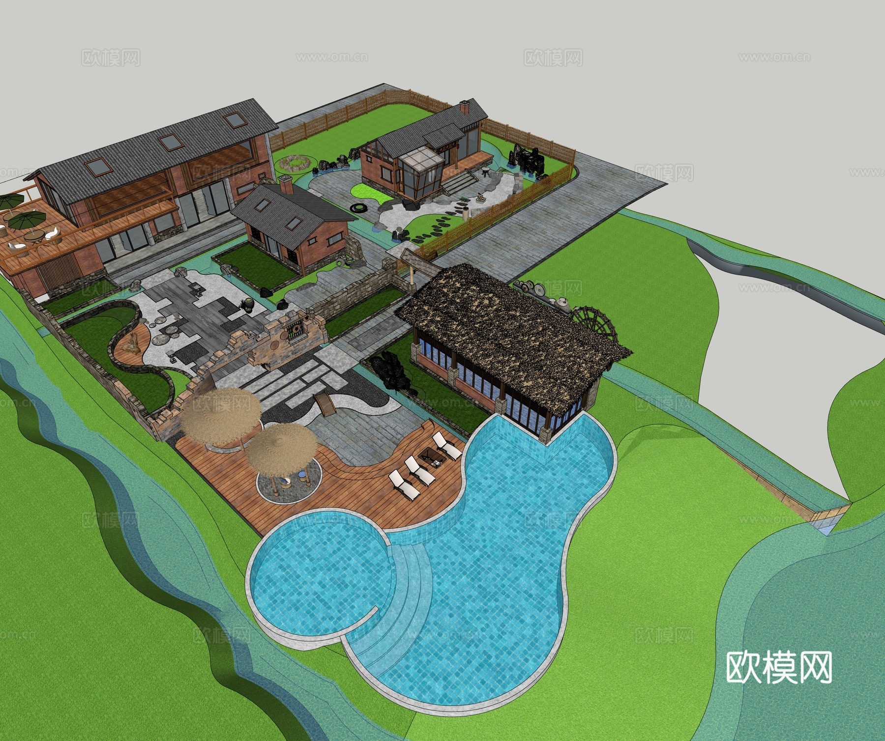 新中式乡村庭院  民宿庭院景观 农家乐 农家餐厅su模型