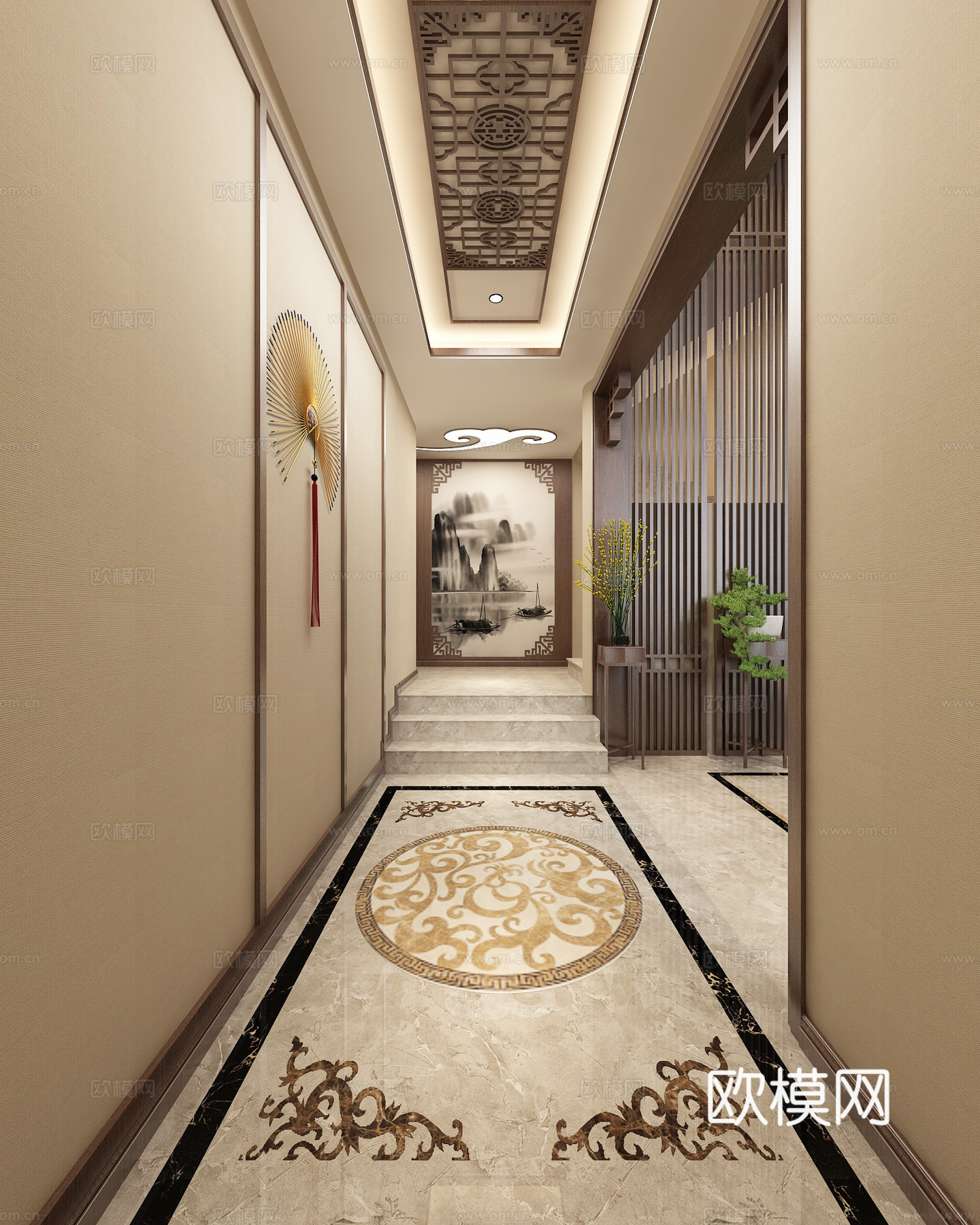 新中式复式客厅 吊灯 背景墙 挂画 沙发 茶几 电视柜3d模型