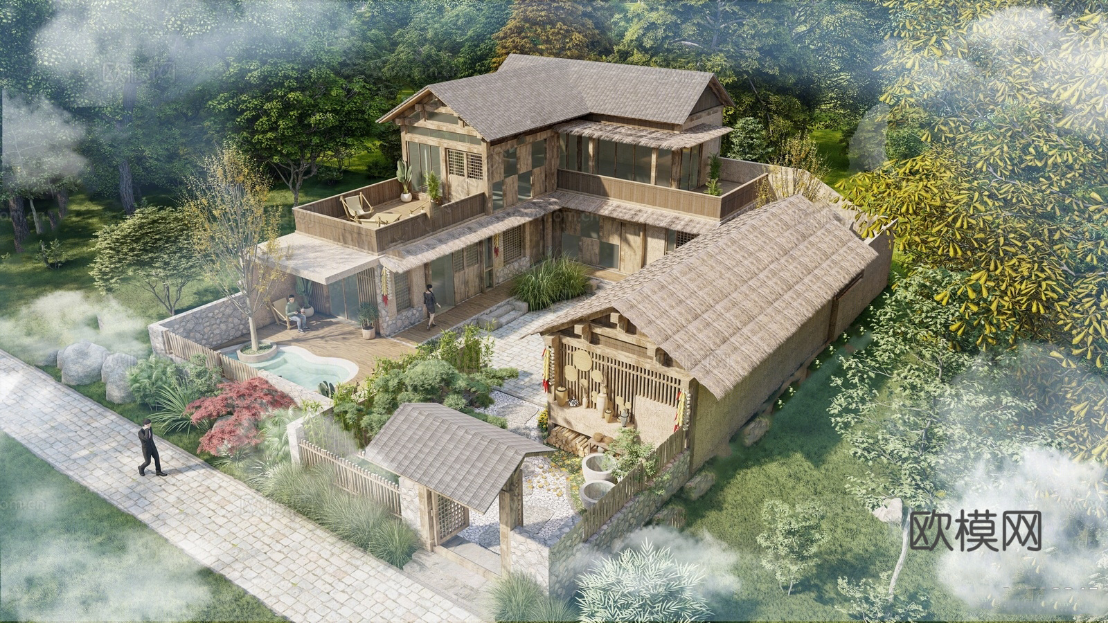 新中式乡村庭院  民宿庭院景观 农家乐 农家餐厅su模型
