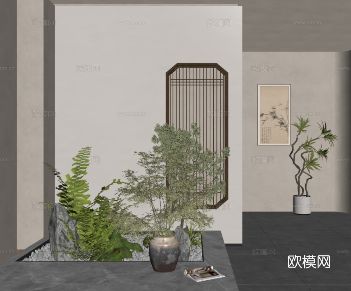 新中式玄关 玄关背景 花池 造景 植物墙 景观植物 植物组合su模型